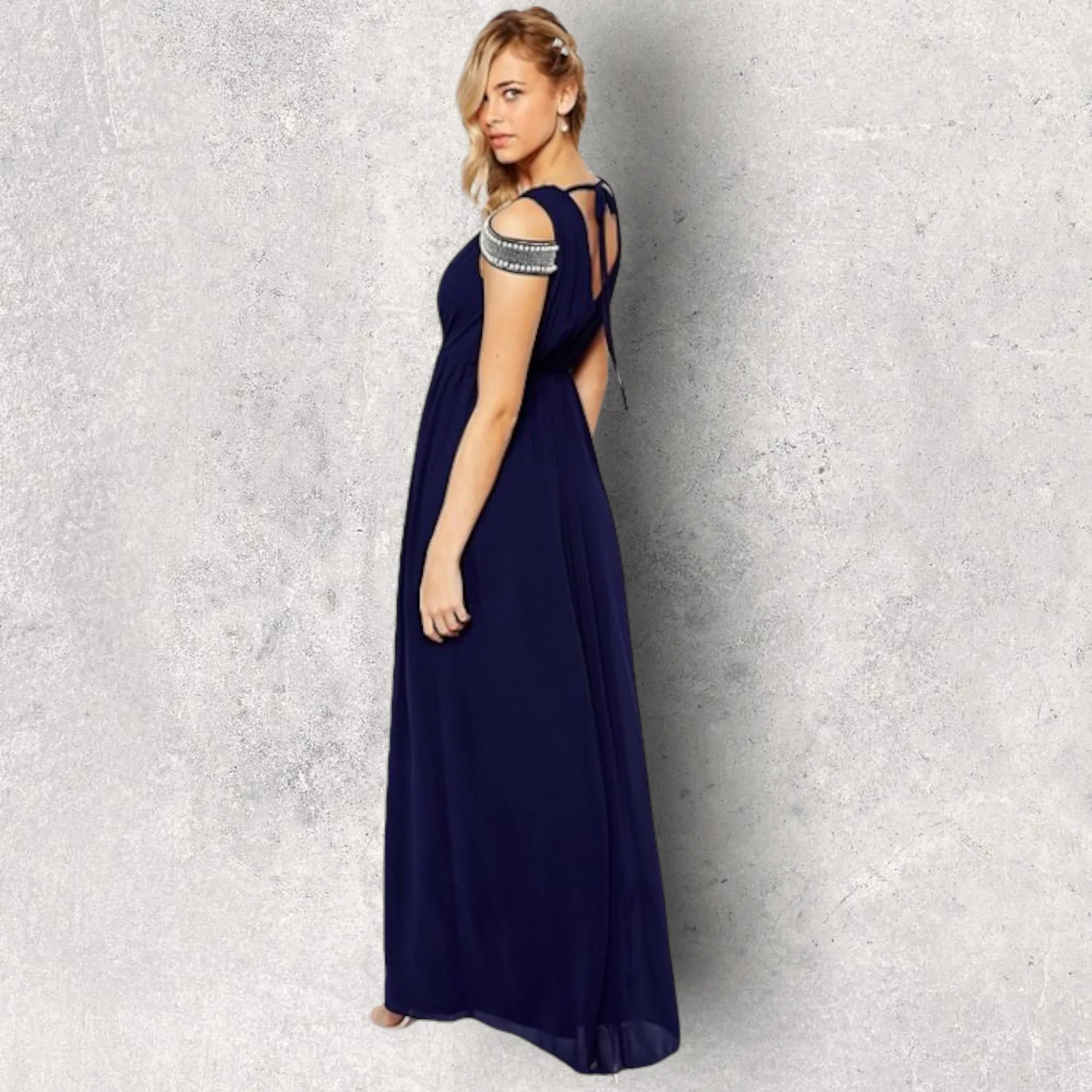 TFNC Navy Women's Cold Shoulder Wrap Front Maxi Dress Prom UK 14 US10 EU 42