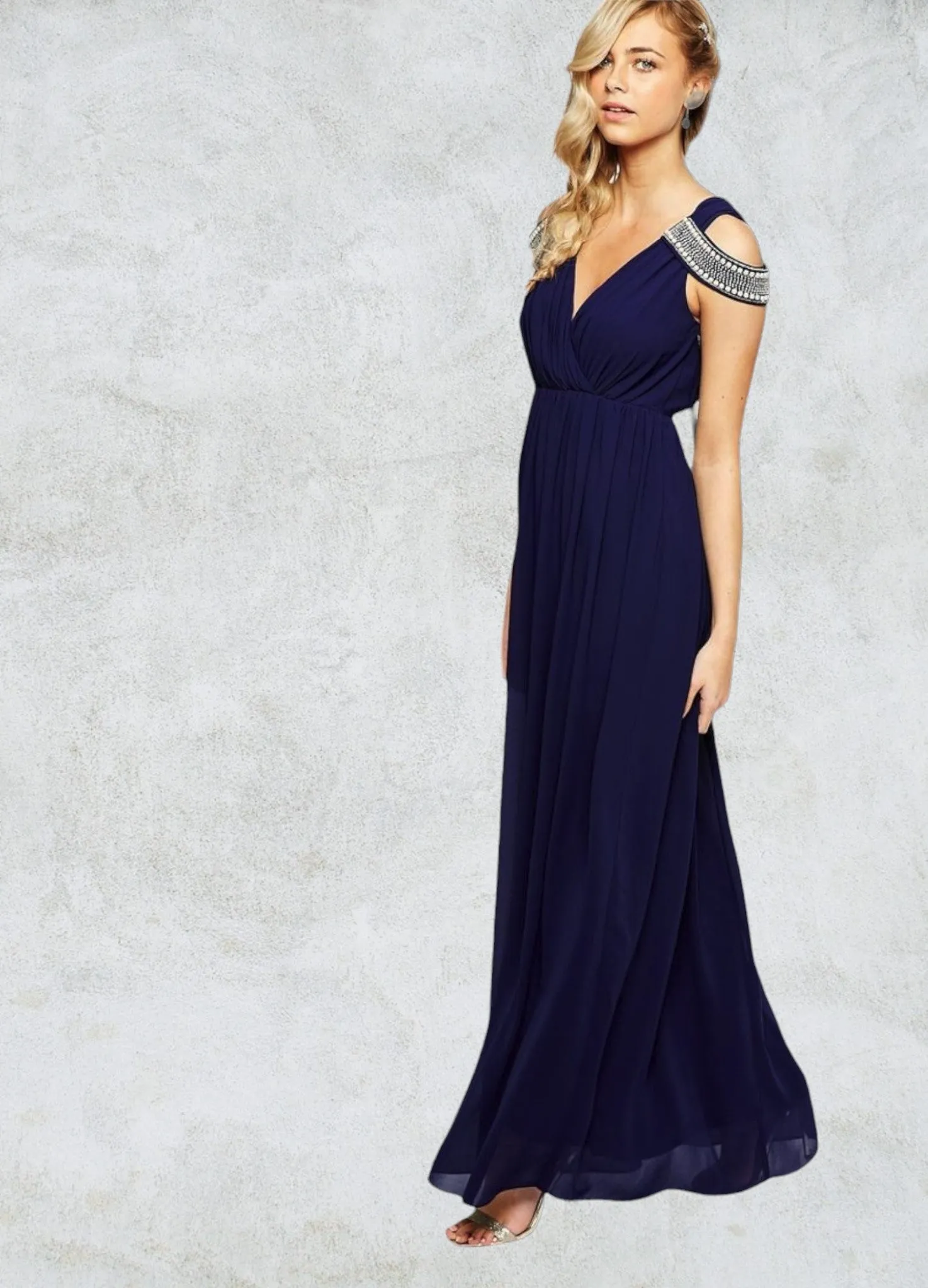 TFNC Navy Women's Cold Shoulder Wrap Front Maxi Dress Prom UK 14 US10 EU 42