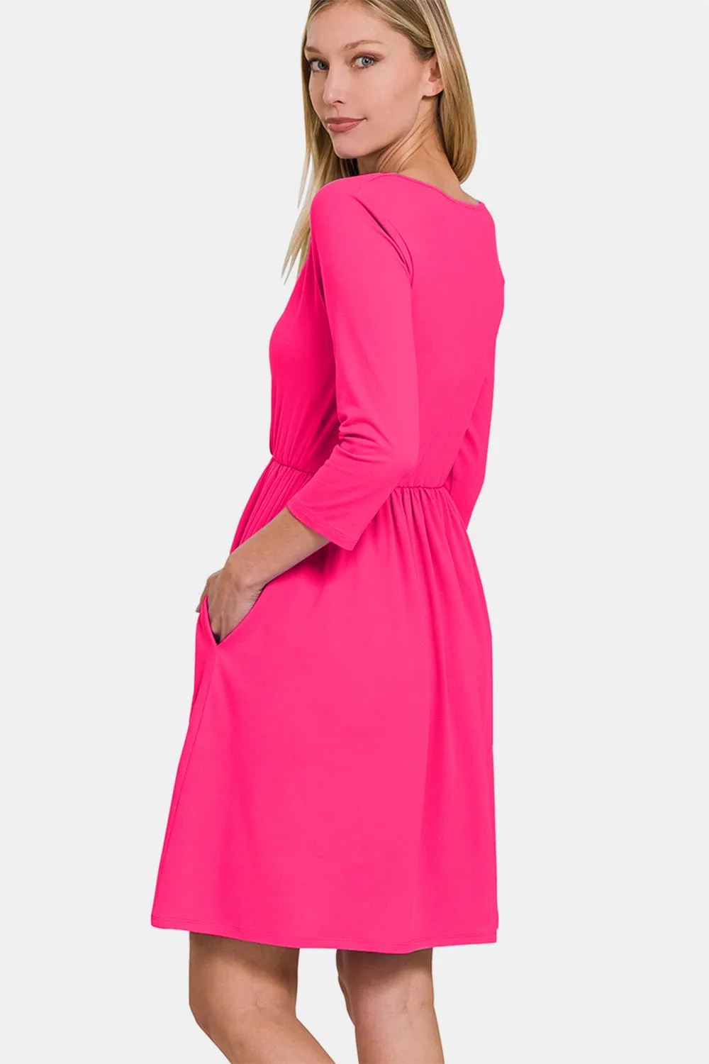 Three-Quarter Sleeve Surplice Dress with Pockets