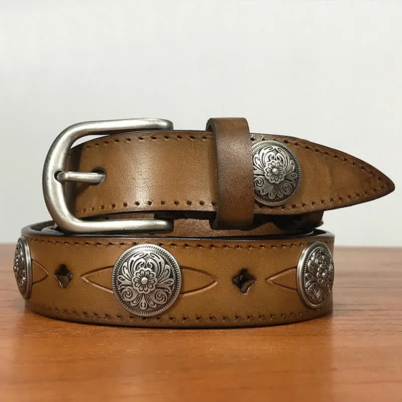 Vintage Round Carving Flower Rivet Leather Belt