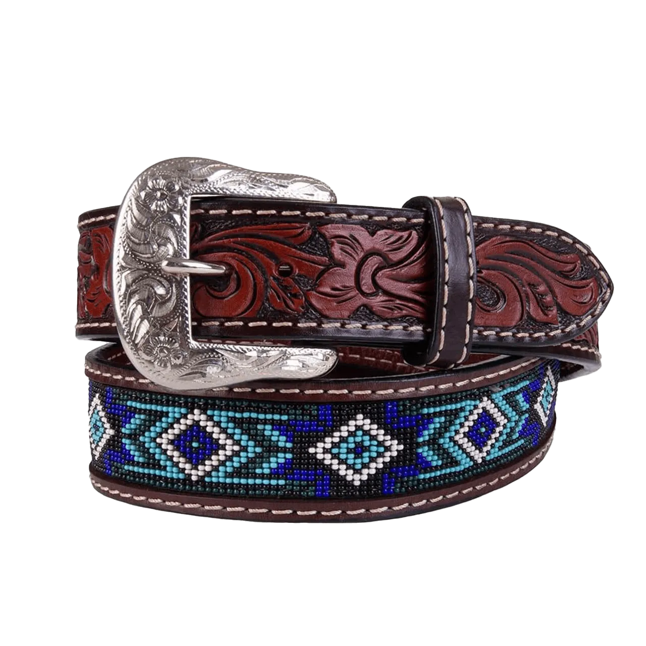 Western Fashion Brown With Blue And Turquoise Beading Belt