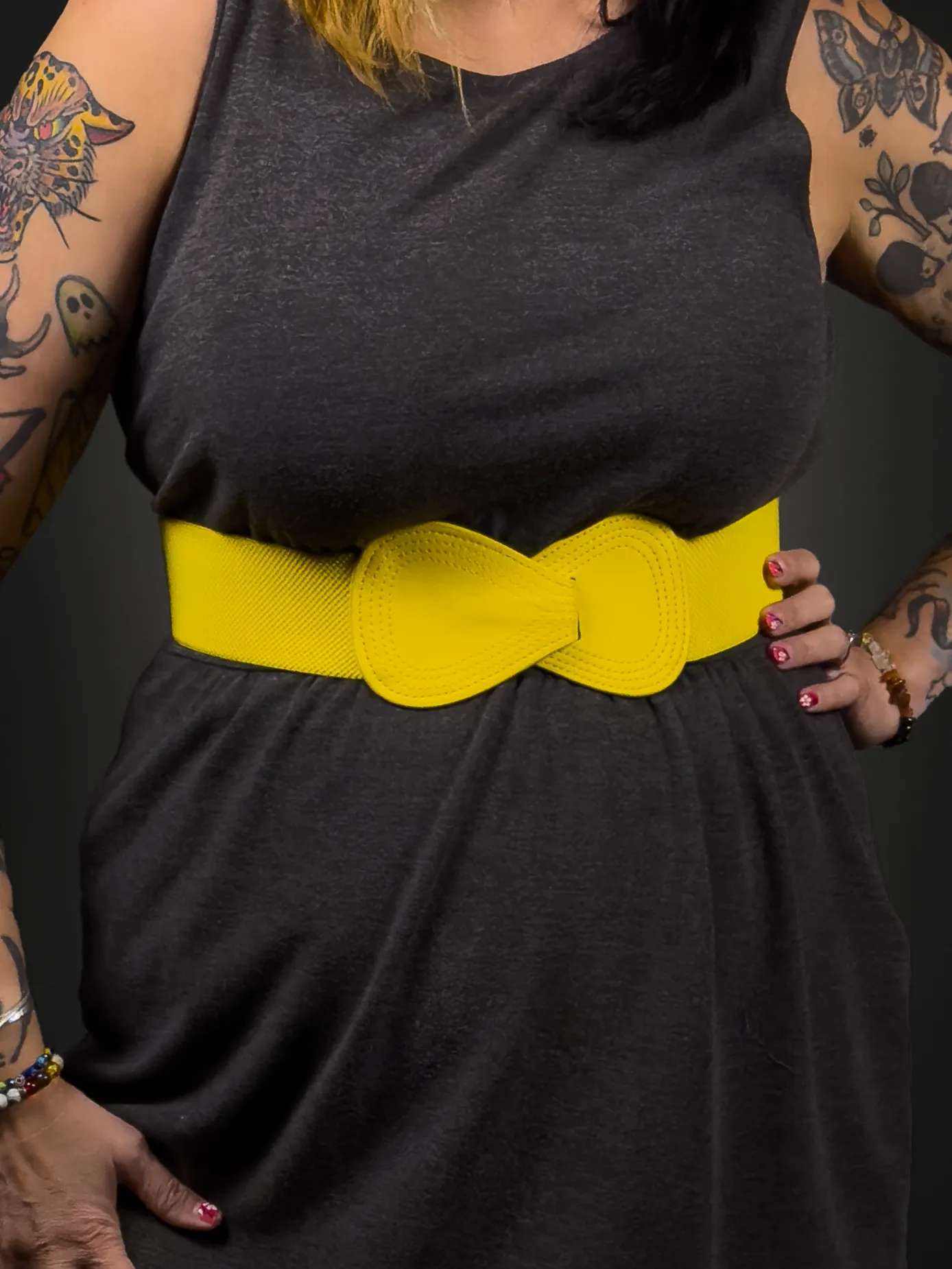 Wide Bow Buckle Belt Vegan Leather with Elastic Band In Yellow