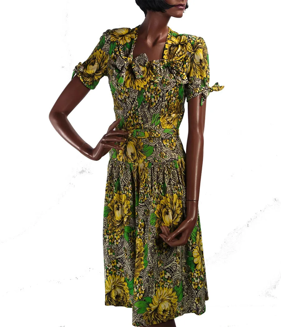 Women's 40s Dress Floral Paisley Print Vintage Jersey Drop Waist Yellow Green Small VFG