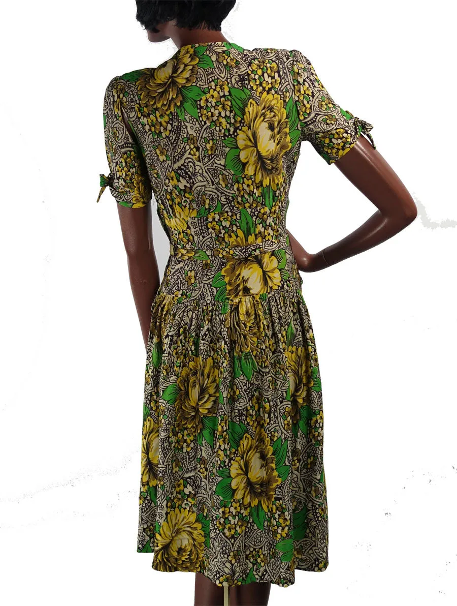 Women's 40s Dress Floral Paisley Print Vintage Jersey Drop Waist Yellow Green Small VFG