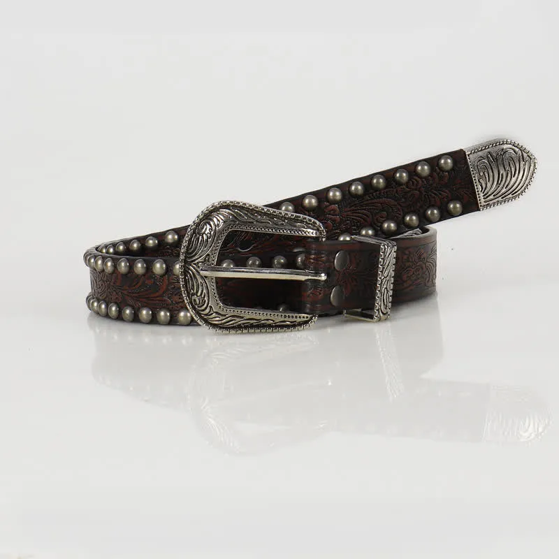 Women's Punk Engraved Floral Studded Leather Belt